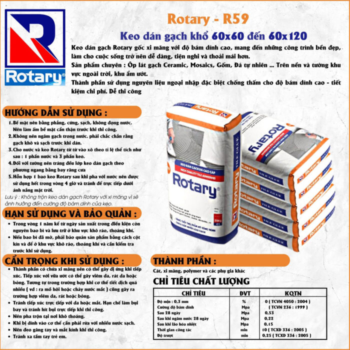 Keo Dán Gạch ROTARY R59 – Keo Dán Gạch Đa Năng Tiêu Chuẩn (Dành cho gạch ceramic, porcelain, granite, ứng dụng nội ngoại thất) - Hình ảnh 2